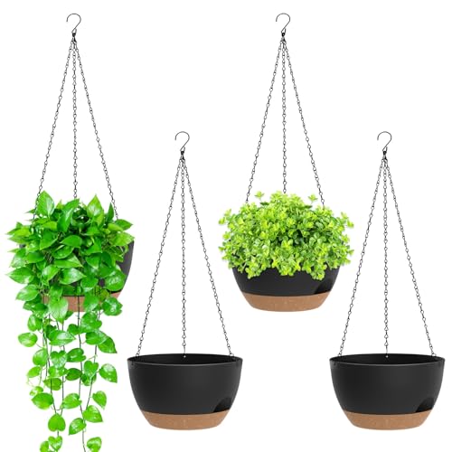 8 Inch Hanging Planters for Indoor Outdoor Plants, 4 Pack Black Brown Plastic Self Watering Hanging Baskets with Drainage Holes and Chain for Garden Porch - color: Black Brown