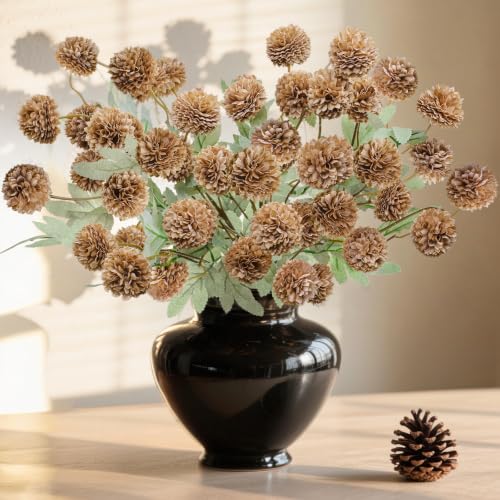INQCMY Artificial Flowers 12 Pcs Fake Chrysanthemums Faux Kiku Flower Long Stem 20" Realistic Silk Pompon Mums for Vase Wedding Bouquets Centerpieces Home Decor (Coffee) - color: Coffee