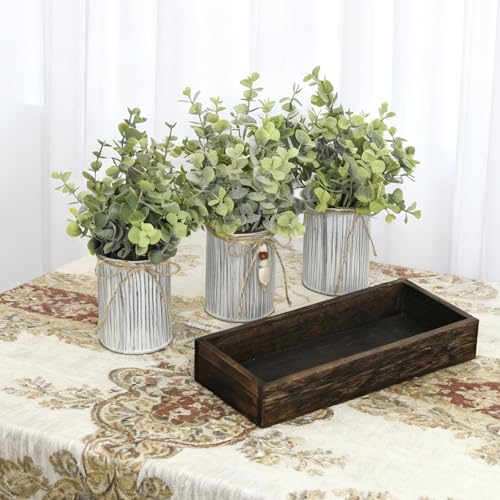 Rustic Farmhouse 3-Piece Artificial Eucalyptus Centerpiece – Wooden Tray with 3 Galvanized Metal Pots & Faux Greenery – Table Decor for Dining Room, Kitchen, Living Room, Bathroom, Office - color: Eucalyptus Plants