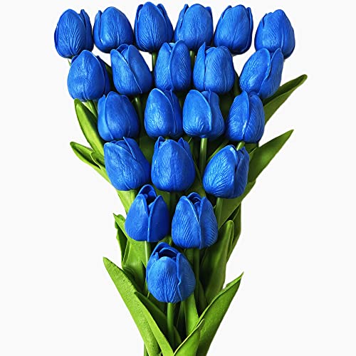 UKELER 24 Pcs Artificial Tulip Flowers Blue Fake Tulips with Stems Real Touch PU Tulips for Wreath Wedding Bouquets Table Centerpiece Floral Arrangement Home Décor 13.5" Tall - color: Dark Blue