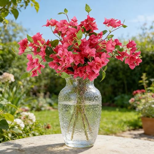 HCTCPALS Artificial Flowers for Outdoors 10 Pcs Bougainvillea Plant Realistic Silk Fake Flowers for UV Resistant Faux Plants Outdoor Indoor Outside Front Porch Hanging Planter Decoration-30” Rose Red - color: Bougainvillea Rose-red