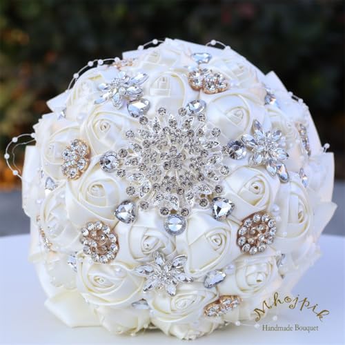 7.5" Ivory Bridal Wedding Bouquet Round Holding Bouquet Throw Toss Artificial Rose Flower Bunch for Bride Bridesmaid Wedding Quinceanera - color: Ivory, size: Small (Dia. 7.5"/19cm)