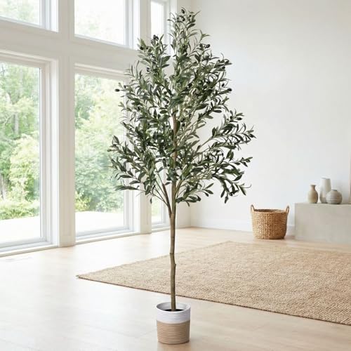 6ft Dense Leaves Artificial Olive Tree with Woven Basket - Realistic Faux Olive Tree for Living Room, Office & Home Decor - Large&Tall Indoor Floor Plant，Aesthetic Silk Plants