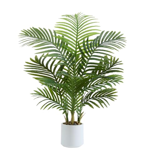 Artificial Palm Tree Indoor, 3.5FT Tall Faux Plants, Fake Tropical Silk Floor Plant with White Planter, Faux Areca Palm Plant Artificial Tree in Pot for Home Room Office Outdoor Patio Decor