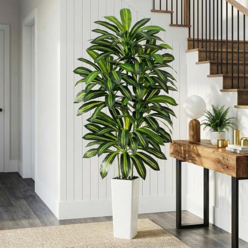 Artificial Dracaena Tree - 7FT Tall Fake Plants with White Tall Planter - Artificial Plants Indoor Floor Plant in Pot - Large Tropical Fake Yucca Potted Tree for Home Office Living Room Decor - color: White, size: 7 FT