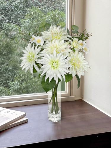 GnFlus Dahlia Artificial Flowers, 12PCS Mixed White Faux Flowers with Dahlia & Daisies, Up to 20.4 Inch Long Silk Fake Flowers for Vase DIY Wedding Bouquet Party Centerpieces Arrangement Home Decor - color: Dahlia, White