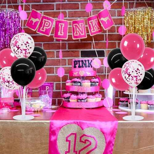 TONIFUL 4 Set Black and Hot Pink Balloon Centerpieces for Table,Balloon Stand Kit for Party Decor Sweet 16 18 21st 30 40 50 60 70th Birthday Decorations,Bridal Shower,Graduation Decorations 2026 - color: Black Hot Pink Confetti