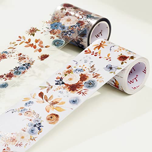 WT Dusty Blue & Cinnamon Wide PET Tape, Single Roll, Original Designs, Floral Decorative Tape, Transparent Craft Tape for Bujo Planner & DIY Supplies, Watercolor Flowers - color: WT Dusty Blue & Cinnamon Wide PET Tape