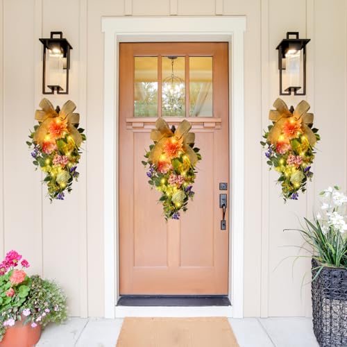 Svndlyn Spring Summer Floral Teardrop Swags Lighted Mixed Flower Teardrop Wreath with Dahlia Pinnata Peonies Rose Burlap Bow and Eucalyptus Leaves Floral Arrangement for Door Wall Mantel Window