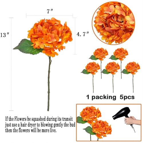 Artificial Fake Flowers Plants Silk Hydrangea 1 Flower Head 5Pcs Stem For Arrangements Wedding Bouquets Decorations Plastic Floral Table Centerpieces Home Kitchen Garden(Burn Orange) - color: Burn Orange