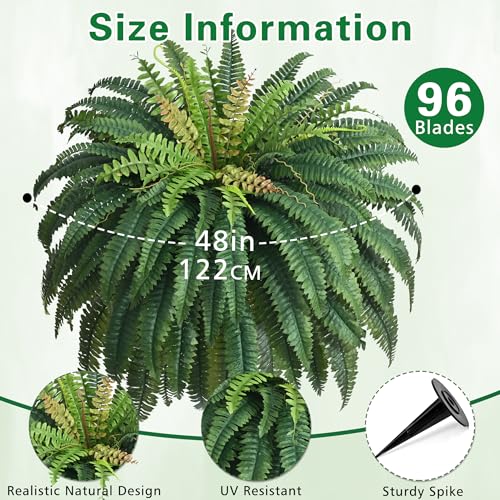 48in 96 Leaves Large Fake Ferns, 1Pcs Outdoor Faux Plants UV Resistant Artificial Plants Outdoor, Realistic Artificial Ferns for Outdoors Planter, Boston Fern for Porch Home Garden Patio Hanging Decor - size: 1 Count (48 Inches)