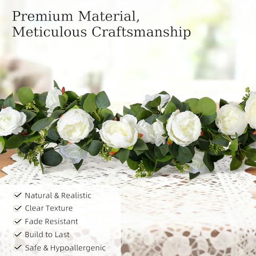 Lewondr Artificial Eucalyptus Garland with Flower - 8 Rose 8 Peony, 2Pcs 13FT Faux Floral Greenery Garlands Fake Flowers Vines, Maintenance-Free for Table Shelf Backdrop Party Room Decor, White - color: White, size: 2 Pack