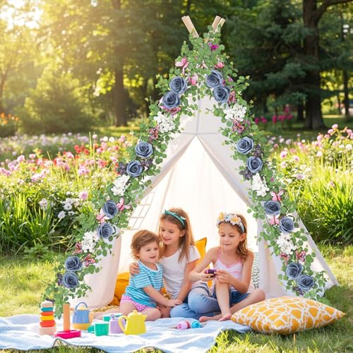 TOCHGREEN 2 Pack 5.9 Ft Artificial Fake Flower Vine White Rose Hydrangea Vines with 3D Butterfly Hanging Floral Greenery Eucalyptus Vines for Wedding Table Party Background Decor (Blue White, 2PCS) - color: Blue White