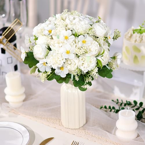 Olgaa 12 Bundles Peonies Artificial Flowers Fake Hydrangea Silk Peony Bouquet Bulk for Vase Floral Arrangements Wedding Arch Decor Centerpiece Table Decorations (White) - color: White