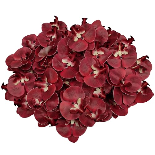 Fake Burgundy Orchids Artificial Flowers Heads, 3.5''Fake Orchid Heads for Wedding Floral Bouquet Decor DIY Craft Making Bridal Shower Photography Props (80, Burgundy) - color: Burgundy