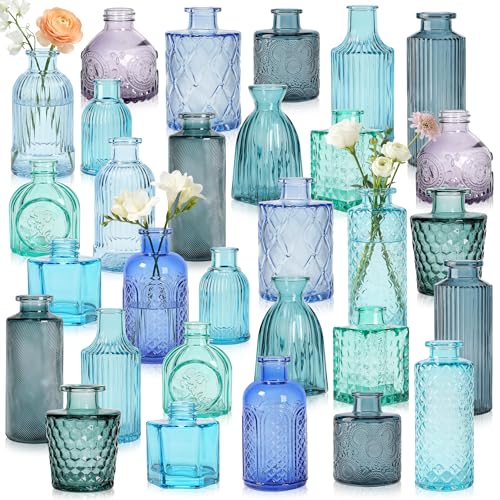 30Pcs Blue Glass Bud Vases, Wedding Table Decor, Bulk Housewarming Gift | Blue bud vases in bulk, Rustic embossed, Vintage-styled glass vases for centerpieces,15 unique vintage styles(2 per design) - color: Blue Series