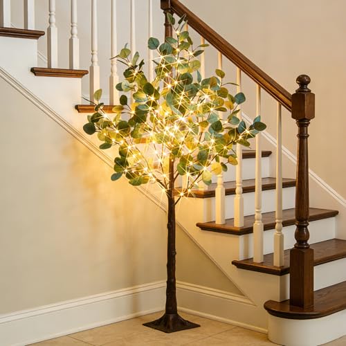 Hairui Lighted Eucalyptus Tree Plug in 4FT 160 Warm White LED Artificial Greenery Tree with Lights for Wedding Halloween Christmas Holiday Home Party Decoration - style: 4FT-Eucalyptus Tree