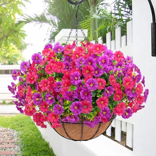 Elyum Artificial Hanging Flowers for Outdoors, Fake Flowers Artificial Petunias Hanging Baskets for Outdoors, UV Resistant Fake Hanging Plants Flowers for Outside Garden Patio Porch Decor - color: Purple&rose Red, size: 1 Pack