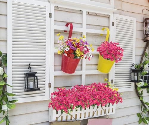 Bassion 24 Bundles Artificial Flowers for Outdoors Decoration, UV Resistant Fuchsia Silk Fake Faux Flowers Artificial Plants for Outside Window Box Porch Garden Home Decor - color: Fuchsia