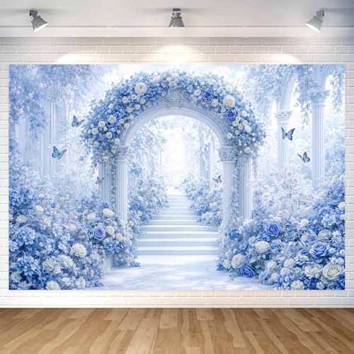 5X3ft Floral Photography Backdrop, Dreamlike Wedding Portrait Photo Background Romantic Blue Flowers Backdrop, Baby Bridal Shower Wedding Birthday Party Background Banner Decor, Blue-2 - color: Blue-2, size: 5x3ft