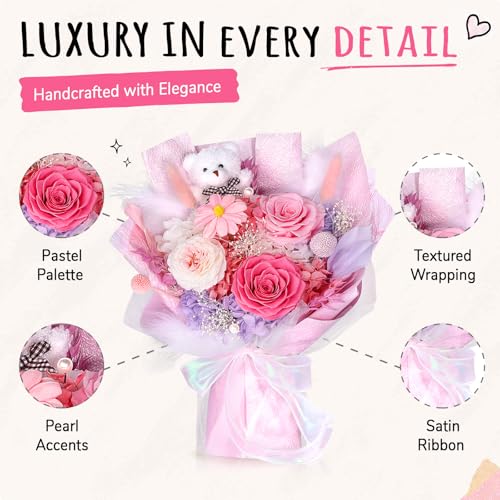 Preserved Flowers Bouquet with Bear, 3 Real Forever Flowers for Delivery, Long-Lasting Sweet Pink Eteranl Roses Bouquet, Anniversary Birthday Gifts for Women Mom Her Girlfriend Wife - color: Soft Pink