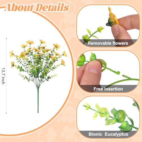 Fall Mums Artificial Flowers for Outdoors Potted, 12 Bundles Fake Fall Daisy Flower with Realistic Eucalyptus Leaves, Fake Plants for Greenery Boxwood Porch Patio Garden Pot Lawn(Yellow Orange) - color: Yellow Orange