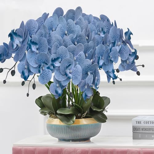 FagusHome 32 Inch Artificial Phalaenopsis Flowers 6 Pcs Artificial Orchid Flowers Stem Plants for Home Décor (Blue Piebald), FH1000143 - color: Blue Piebald