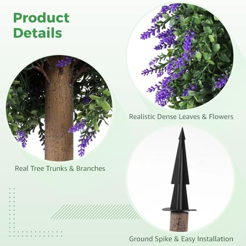 2 Pcs Artificial Lavender Topiary Ball Trees with Flowers, 17.72 in Outdoor Sun Protection Faux Shrubs with Ground Spike, Evergreen Trees for Home, Garden, Patio, Wedding Decor