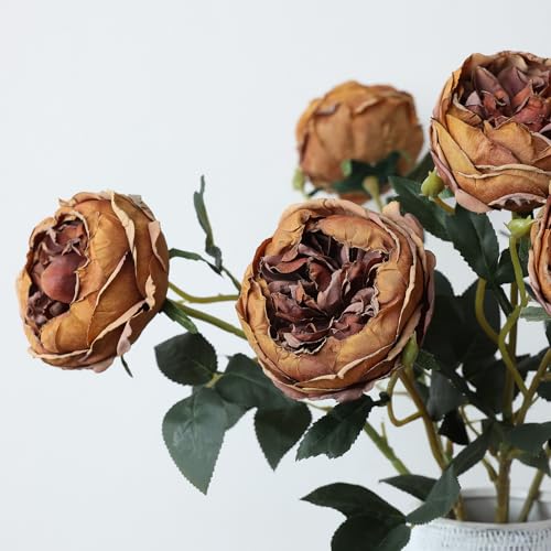 mizii 6Pcs Burnt Orange Artificial Roses Flowers Fake Silk Roses Flower with Long Stem for Wedding Decorations Table Centerpieces Flower Arrangement Home Decor (Burnt Orange) - color: Burnt Orange
