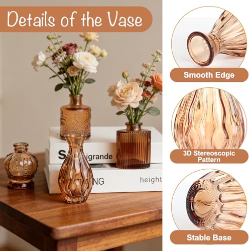 Petal Petite Small Amber Glass Bud Vase Set of 24 for Wedding Centerpieces | Amber Glass Vase, Mini Bud Vases in Bulk, Vintage Flower Vase Set for Single Stem, Home and Office Decor - color: Amber