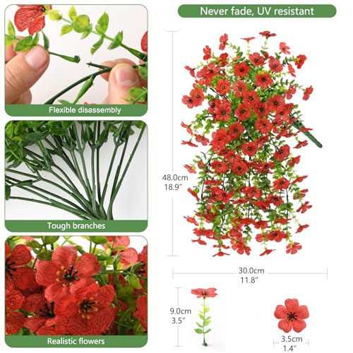 INQCMY 2Pcs Artificial Fake Hanging Flowers for Outdoors UV Resistant Artificial Plants for Spring Summer Decor Look Real Faux Flowers for Outside Home Planter Porch Patio Decor - color: Red
