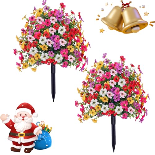 Topiary Flower Ball Trees Artificial Outdoor Set of 2, D15.8" UV Resistant Faux Boxwood Flower Ball Plants with Stake,Realistic Faux Shrubs Planter Filler for 4th of July Front Cemetery Porch Garden - style: Violet
