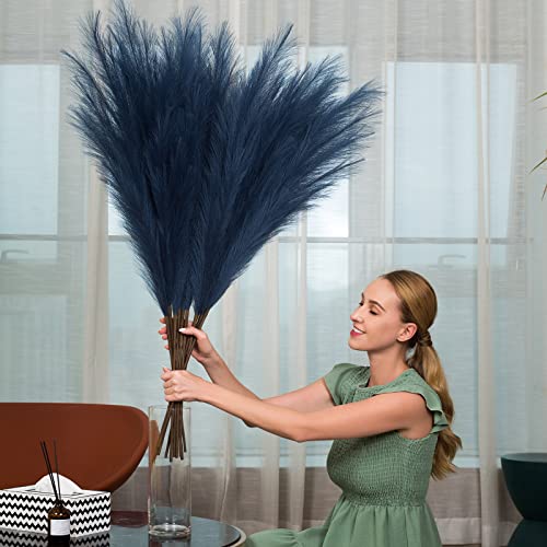 Faux Pampas Grass 6 Stems, Artificial Pampas Grass - 43 inch Total Extra Large Pompass Grass Tall Pompous Boho Flower Arrangement and Floor Vase Filler Home Decor for Room Wedding Party (Blue) - color: Blue
