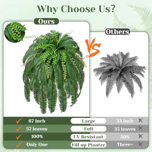Livole 2 Pcs 67" Fake Ferns Large Artificial Plants Outdoor, Artificial Ferns for Outdoors Large Faux Boston Fern with 57 Branches Realistic UV Resistant for Planter Home Garden Porch Hanging Decor - size: 67"-55 Branches-2 Pcs