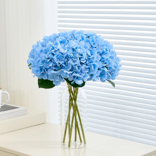 8Pcs Blue Fake Flowers Silk Hydrangea Artificial Flowers Bouquets Faux Hydrangea Stems for Home Table Centerpieces Wedding Party Decoration - color: Blue