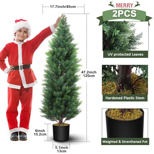 Hananona 2 Pcs 4 Ft Artificial Topiary Cedar Trees, Outdoor Faux Pine Shrubs, Realistic Fake Greenery Plants UV Resistant Cypress Trees for Christmas Porch Front Door Decor (2, Green, 4 Ft)