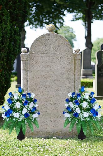 LVXINLI Artificial Cemetery Flowers, Gravesite Decoration Roses, Memorial Bouquets with Cemetery Vase, Vibrant and Long-Lasting Colors (Dark Blue+White, 2 Bundles) - color: Dark Blue+white