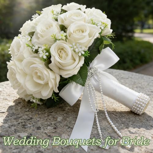 Wowagoga 12 Inch Wedding Bouquet with Pearl Crystals Ribbons,Artificial Rose Flower for Bride Bridesmaids Artificial Fake Flowers Fake Flowers Toss Bouquet for Wedding Party Church(White)