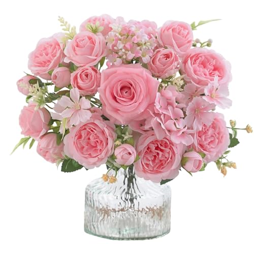 4 Pcs Mixed Artificial Peony Flowers Set-2 Bouquets & 2 Stems, Pink Fake Peony Rose Hydrangea Flowers for Vase Silk Floral Arrangements for Table Centerpiece Wedding Party Bridal Decoration Home Decor - color: Light Pink, size: Mixed 4pcs