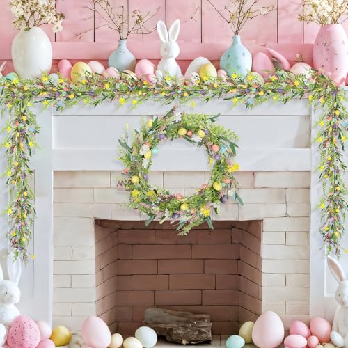 6.5 ft Easter Garland-Spring Garland Egg and Mixed Berry Garland Hanging Rustic Spring Pastel Wreaths DIY Artificial Decorations Garland for Home Indoor Outdoor Easter Mantel Decorations - color: Easter01