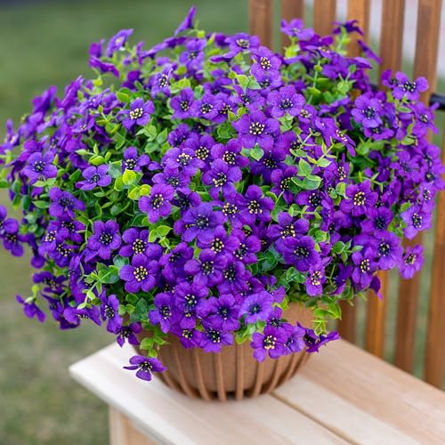 AXYLEX Artificial Flowers for Outdoors, 16 Bundles Fake Plants (Purple) | UV resistant faux plastic flowers, no fade artificial greenery – garden, patio, porch & home - color: Purple