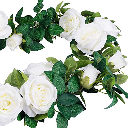 TELDRASSIL 4Pcs(26 FT) Artificial Rose Vine Fake Flower Garland Fake Silk Rose Hanging Vine for Wedding Party Background Arch Garden Background Decoration (White) - color: White