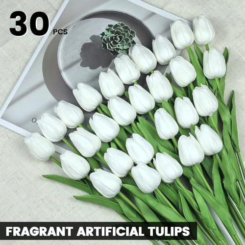 30 PCS Artificial Tulips Real Touch Tulips 13.5inch Long Stem Fake Flowers Silk Flowers for Spring Easter Mother's Day Decorations（White） - color: White