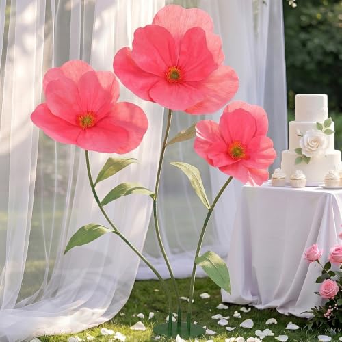 6ft Rose Red Giant Flowers for Decoration with Stand, Large Artificial Poppy, Big Paper Flower Decor for Garden Wedding Party Photography Props Hotel Office Art Gallery Shop Window Display - color: Rose Red