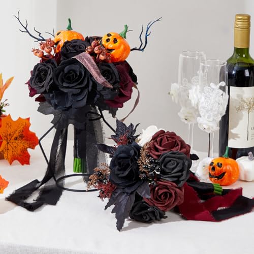 Wedding Bouquets - Black & Burgundy, Gothic Style for Bride & Bridesmaid - Artificial Rose Flower Bouquet - color: Rose Pumpkin