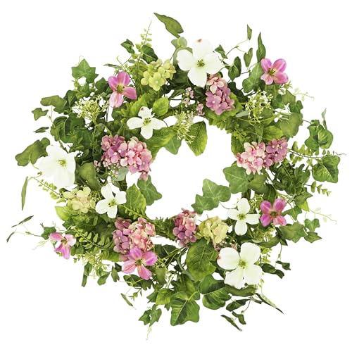 YNYLCHMX 20" Spring Summer Wreaths for Front Door, Artificial Floral Wreath with Pink Hydrangea Green Eucalyptus Leaves, Green Foliage Wreath for Wall Window Farmhouse Party Holiday Home Decor - color: Pink Hydrangea