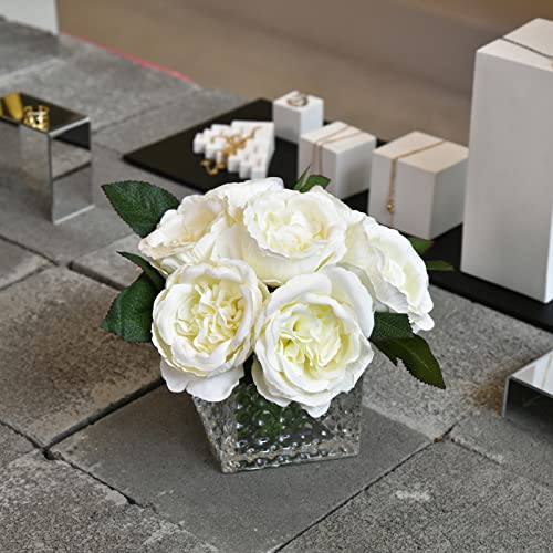 Artificial Peony Silk Flower Centerpieces Faux Floral Arrangement in Glass Vase for Home Wedding Table Decoration (Cream) - color: A-cream