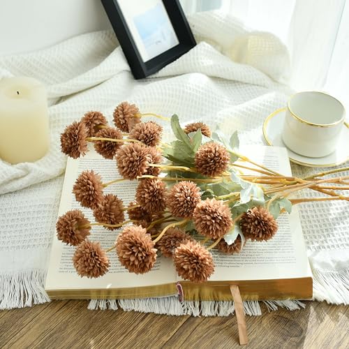 Mandy's 6 Stems Silk Dark Brown Kiku Ball Flowers | Artificial Chrysanthemum Stems for Home Summer Décor Realistic Faux Floral Arrangement Minimalist Elegant Style - color: Dark Brown
