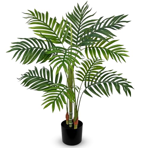 Hollyone Fake Palm Tree Decor 3FT with Planter Artificial Palm Tree Faux Tropical Areca Floor Plant in Pot with 3 Textured Trunks Silk Plant for Home Garden Outdoor Indoor Office Decor - color: 3ft