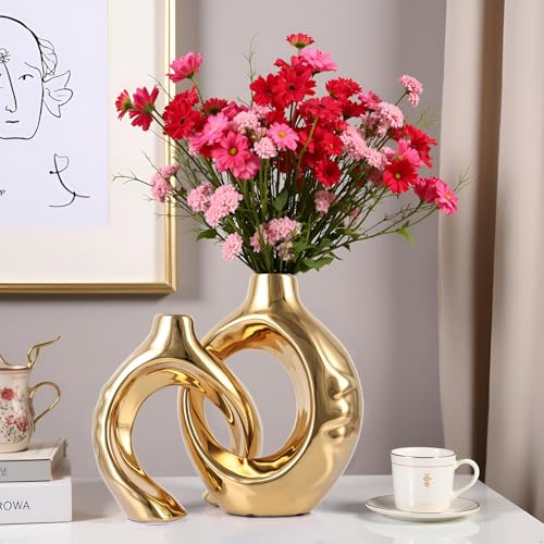 LCCCK Gold Ceramic Vases for Home Decor, Boho Vase for Flowers Pampas Grass Decorative, Hollow Donut Small Vase for Living Room Table Wedding Centerpiece Modern Vases (Gold) - color: Gold